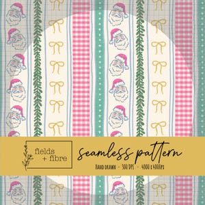 Puede incluir: Patrón sin costuras con diseños repetidos de caras de Papá Noel, lazos y rayas en rosa, verde y crema. El texto "seamless pattern" se muestra en una fuente manuscrita.