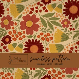 Fall Floral Seamless Pattern Hand Drawn Ditsy Flowers Digital Paper Download Autumn Wildflowers Sublimation Fabric Surface Design Cozy Print
