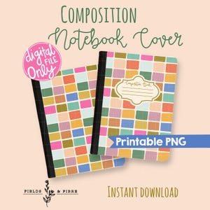 Könnte beinhalten: Zwei Notizbuchumschläge mit farbenfrohen quadratischen Mustern. Die Umschläge weisen eine Vielzahl von Farben auf, darunter Rosa, Blau, Grün und Orange. Der Text "COMPOSITION Notebook Cover" steht oben, mit "Printable PNG" und "Instant Download" unten.