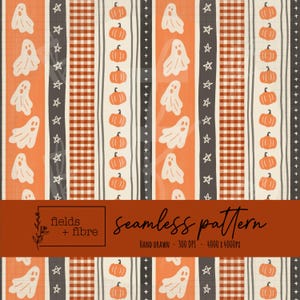 May include: A seamless Halloween-themed pattern with vertical stripes. The design includes orange, gray, and cream stripes with pumpkins, ghosts, stars, and plaid patterns. The text "fields + fibre" and "seamless pattern" are also visible.