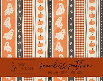 Halloween Stripe Seamless Pattern Hand Drawn Ghosts Digital Paper Download  Gingham Fabric Surface Pattern Design Vintage Pumpkins File