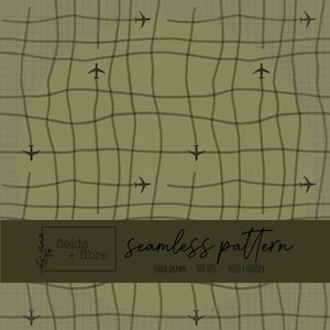 May include: Seamless pattern with a grid design and small airplane silhouettes in dark gray on a muted olive green background. The text "fields + fibre" and "seamless pattern" are included.