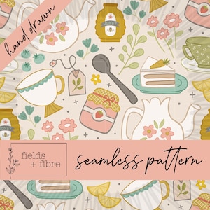Tea Time Seamless Pattern Hand Drawn Fun Tea Party Digital Paper Download Cottagecore Sublimation Fabric Surface Design Cute Kitchen Pattern