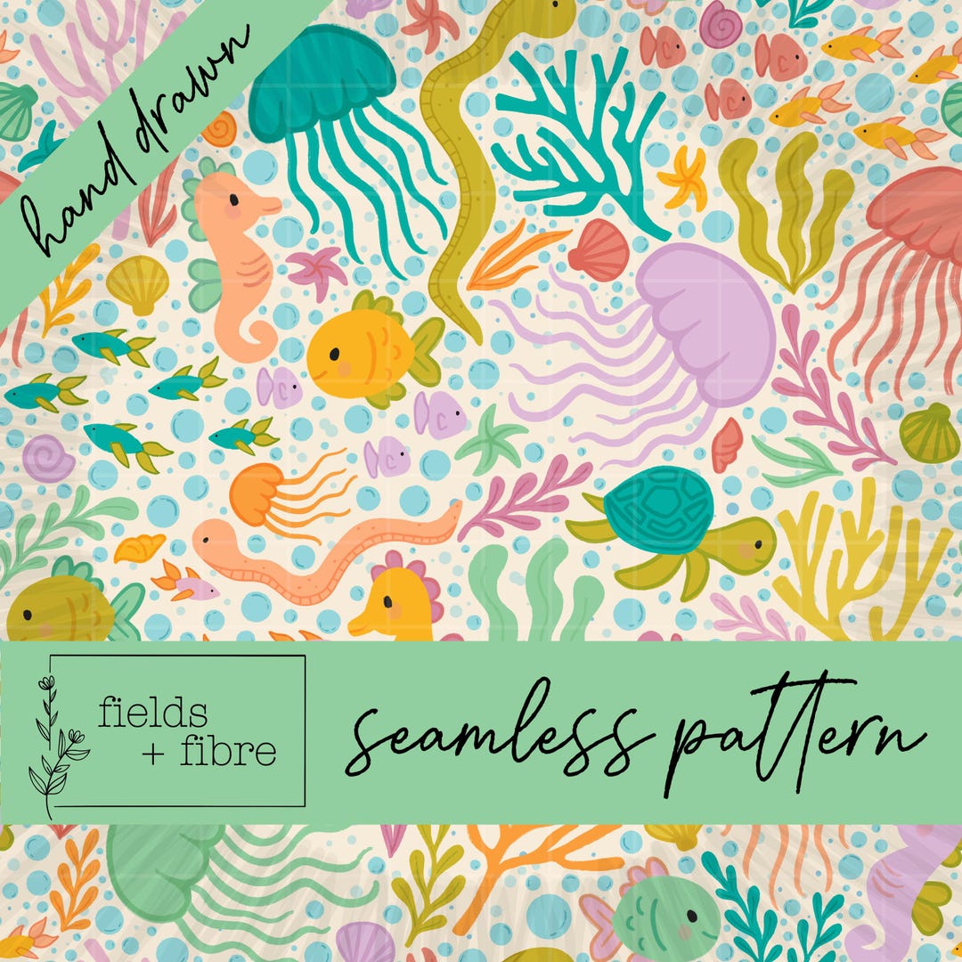 Under the Sea Seamless Pattern Cream Hand Drawn Ocean Animals Digital ...