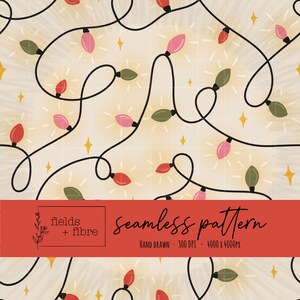 May include: Seamless pattern featuring string lights with red, pink, and green bulbs on black wires, set against a cream-colored background with yellow star accents. The text "seamless pattern" is displayed on a red banner.