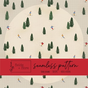 Può includere: Motivo senza cuciture con sciatori e abeti su sfondo color crema con motivo a griglia. Il design include il testo "seamless pattern" su un banner rosso.