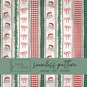 May include: Seamless Christmas pattern featuring Santa Claus faces, red bows, and red and white checkered stripes. Green vertical stripes with plus signs and leaf patterns alternate with the other designs. The text "seamless pattern" is included.