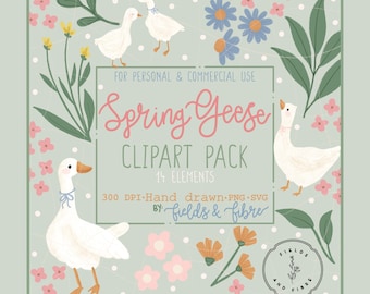 Spring Geese Clipart Pack Hand Drawn Florals Illustrations Flowers and Animal Summer Elements PNGs and SVGs Bundle Coquette Designs