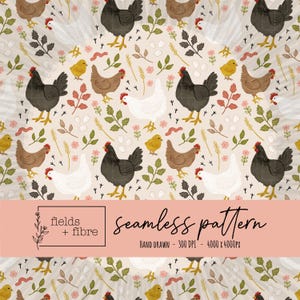 Homestead Hens Seamless Pattern Hand Drawn Farm Life Digital Paper Download Chicken Sublimation Fabric Surface Design  Egg and Chicks File