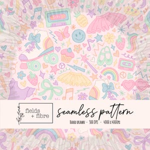 May include: A seamless pattern featuring hand-drawn illustrations of a roller skate, ballet shoes, a rainbow, and a cassette tape. The design includes stars, flowers, cupcakes, and a smiley face in pastel colors. The text "seamless pattern" is included.
