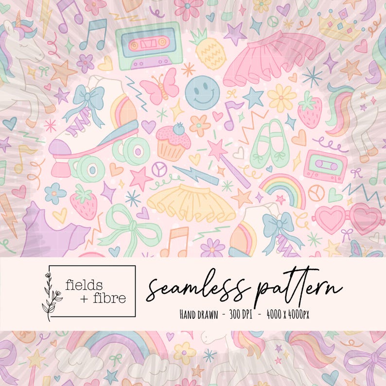 May include: A seamless pattern featuring hand-drawn illustrations of a roller skate, ballet shoes, a rainbow, and a cassette tape. The design includes stars, flowers, cupcakes, and a smiley face in pastel colors. The text "seamless pattern" is included.