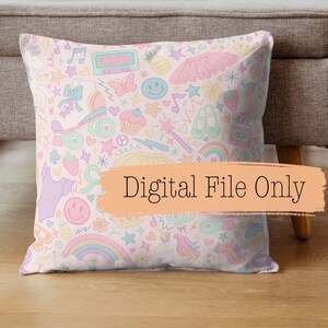 May include: A decorative pillow with a pastel pattern of unicorns, rainbows, cupcakes, and ballet shoes. The pillow has a light pink background and features the text "Digital File Only" in a peach-colored banner.