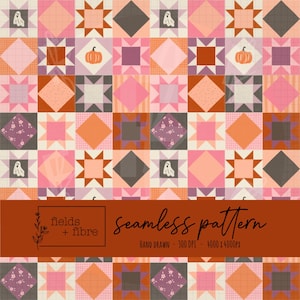 May include: A seamless pattern featuring a grid of squares with star motifs, solid diamonds, and small illustrations of ghosts and pumpkins in shades of pink, orange, brown, and cream. A dark orange banner displays the text fields + fibre seamless pattern.