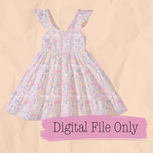 May include: A pastel-colored dress with a V-neck and flutter sleeves. The dress features a tiered skirt and is covered in a pattern of rainbows, umbrellas, and other whimsical designs. The text "Digital File Only" is displayed on a pink banner.