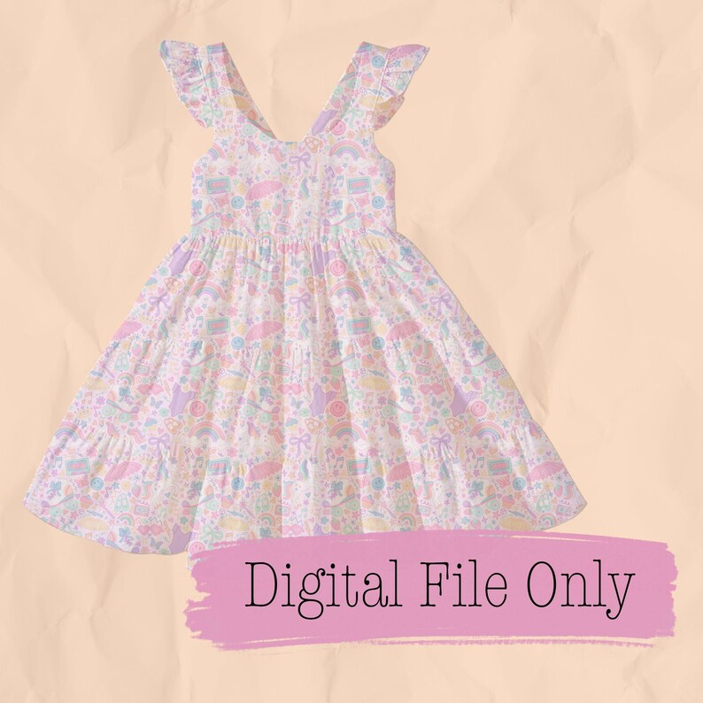 May include: A pastel-colored dress with a V-neck and flutter sleeves. The dress features a tiered skirt and is covered in a pattern of rainbows, umbrellas, and other whimsical designs. The text "Digital File Only" is displayed on a pink banner.