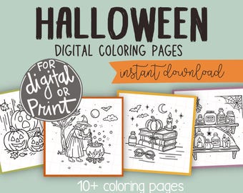 Halloween Digital Malbuch Seiten Handgezeichnete Whimsy Sofortiger Download PNG Arbeitsblätter Witchy druckbare PDF für Erwachsene Kind Bold und einfach