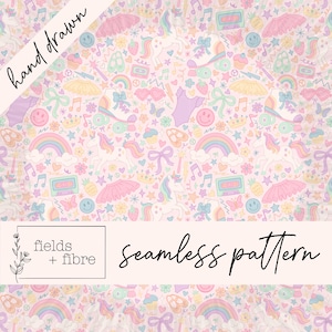 May include: A seamless pattern with a light pink background featuring hand-drawn illustrations of unicorns, rainbows, roller skates, bows, and musical notes. The text "hand drawn" is in the upper left corner, and "fields + fibre seamless pattern" is in the lower center.