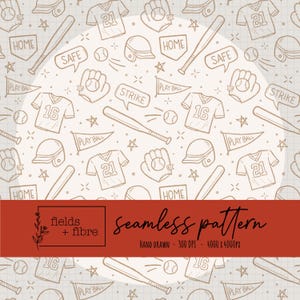 May include: A seamless baseball-themed pattern in beige and white, featuring baseball bats, jerseys, helmets, gloves, and speech bubbles with words like "HOME" and "SAFE." The design includes the text "fields + fibre" and "seamless pattern."
