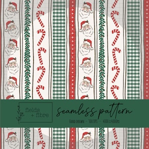 May include: A festive seamless pattern with Santa Claus faces, candy canes, and red and green stripes. The design incorporates a gingham pattern and a leafy border on a white backdrop. The words "seamless pattern" are also included.