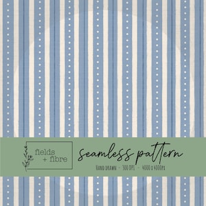 Könnte beinhalten: Ein nahtloses Muster mit vertikalen Streifen in Hellblau und Off-White, mit einer gepunkteten Linie in der Mitte jedes Streifens. Das Design enthält den Text "fields + fibre" und "seamless pattern".
