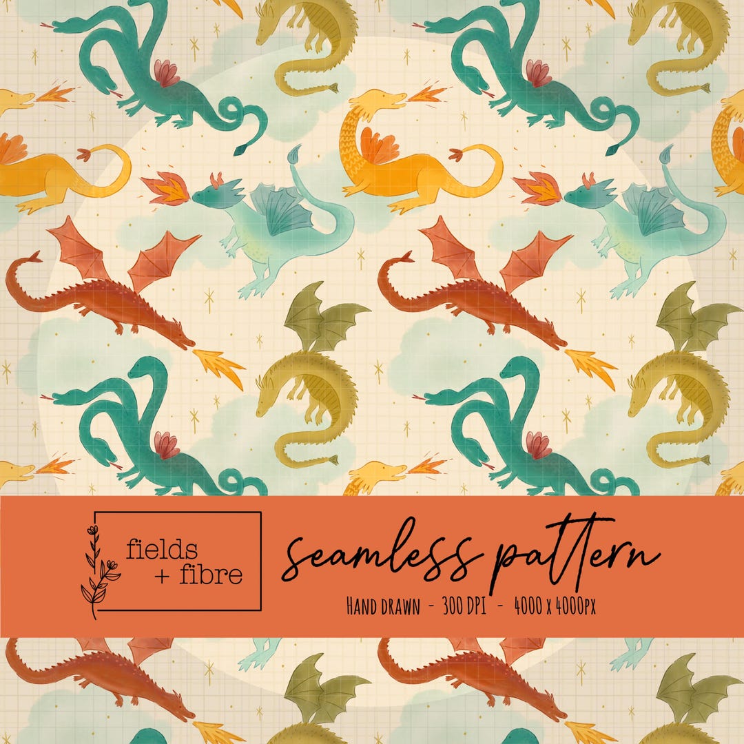 Magical Dragons Seamless Pattern Hand Drawn Mythical Creatures Digital ...