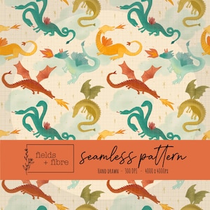 May include: A seamless pattern featuring whimsical dragons in shades of teal, orange, red, and gold. The dragons are depicted with wings and are breathing fire. The background is a light beige with small clouds and stars. The text "seamless pattern" is included.