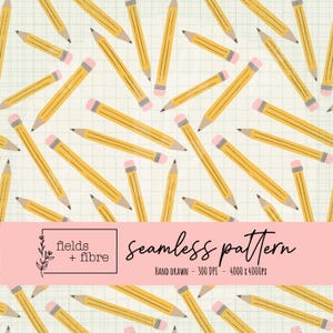 May include: A seamless pattern featuring yellow pencils with pink erasers scattered on a grid background. The design includes the text "fields + fibre" and "seamless pattern". The pattern is hand-drawn and suitable for various applications.