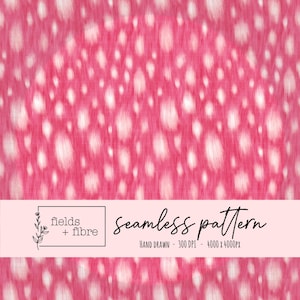May include: Seamless pattern with a pink background and white, irregular shapes. The text "fields + fibre" is in a black box with a floral design. The words "seamless pattern" are written in cursive. The text "HAND DRAWN - 300 DPI - 4000 x 4000PX" is also included.