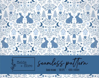 Blue Floral Folk Art Seamless Pattern Hand Drawn Whimsical Bunny Digital Paper Download Traditional Sublimation Fabric Surface Forest Design