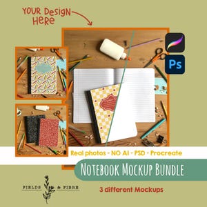 May include: Notebook mockup bundle with three different notebook designs. The image includes open and closed notebooks, pencils, scissors, and glue on a wooden surface. Text includes "Your Design Here" and "Notebook Mockup Bundle".