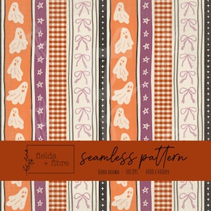 May include: Seamless pattern with vertical stripes in orange, purple, and cream. The design includes ghosts, stars, bows, and gingham. The text "seamless pattern" is visible. The pattern is hand-drawn.
