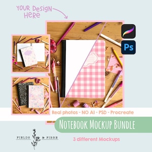 Puede incluir: Paquete de maquetas de cuadernos con tres maquetas diferentes. La imagen presenta cuadernos con diseños de cuadros rosas y florales, rodeados de bolígrafos, lápices e iconos de software de diseño. También se ve el texto "YOUR DESIGN HERE" y "NOTEBOOK MOCKUP BUNDLE".