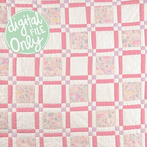 May include: A patchwork quilt with a grid pattern. The quilt features alternating white squares and squares with a colorful pattern. Pink and lavender fabric strips form the grid. The text "digital FILE Only" is in a green circle in the upper left corner.