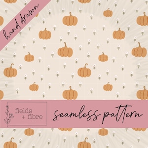 Blooming Pumpkins Seamless Pattern Hand Drawn halloween Digital Paper Download Fall Florals Sublimation Fabric Surface Design Pumpkin Patch