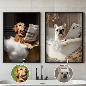 Divertente arte per cani in bagno, ritratto personalizzato di un animale domestico da foto, cane che legge il giornale sul water, arte per cani in bagno, cane in una vasca da bagno, arte murale per cani in bagno