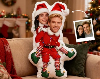 Custom Christmas Couple Pillow, Personalized Face Pillow, Funny Elf Santa Claus Body Cushion, Holiday Gift for Him Her, Xmas Decor