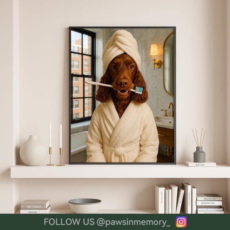 Anpassat husdjursporträtt, Rolig badrumskonst, Hund i badrockshandduk, Roligt hundporträtt, Väggkonst, Personlig husdjurspresent, Hund i badrock, Husdjur i badkar bild 7