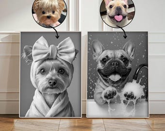Custom Pet Portrait,Funny Bathroom Art,Dog in bathrobe towel,Funny Dog Portrait,Wall Art,Personalized pet gift,Dog In Robe,Pet in Bathtub