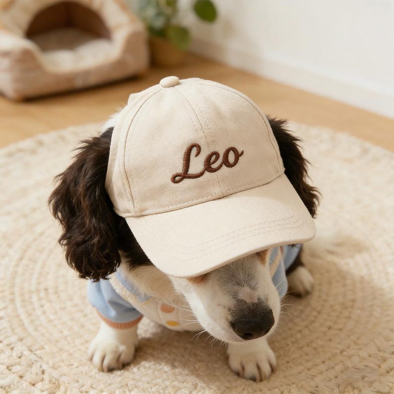 May include: A tan baseball cap with the name "Leo" embroidered in brown script is worn by a dog. The dog has black and brown fur and is wearing a light blue and white sweater. The dog is sitting on a beige rug.