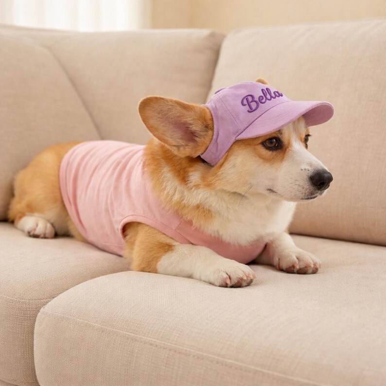 May include: A Corgi dog wearing a light pink t-shirt and a lavender baseball cap with the name "Bella" embroidered on it. The dog is lying on a beige sofa, looking to the side.