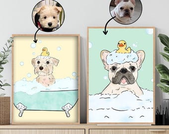 Funny Bathroom Art Print,Custom Pet Portraits,Kids Bathroom Wall Art,Personalized pet gift,Pet in Bathtub,Dog in Toilet,Dog Wall Art,Pet Art