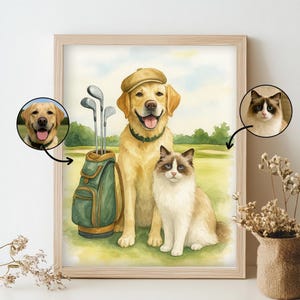 May include: Watercolor print of a golden retriever wearing a golf cap and a Ragdoll cat sitting on a golf course. A golf bag with clubs is next to them. Two inset portraits of the pets are also included in the artwork, with a light wooden frame.