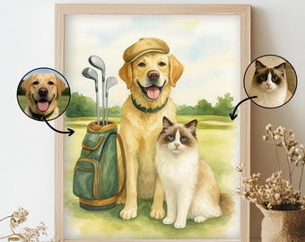 Custom Golf Dog Portrait, Personalized Pet Painting with Golf Bag, Funny Dog Art Gift for Golf Lovers, Dog Wall Art for Golfer Dad