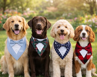 Personalized Dog Tuxedo Bandana, Custom Embroidered Pet Wedding Scarf with Bow Tie