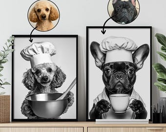 Custom Pet Portraits,Dog Cafe,Kitchen Dog Wall Art,Funny Pet Portrait,Dog Drinking Coffee,Chef Pet Portrait,Pet in Kitchen,Dining Room Decor