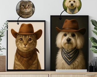 Individuelles Cowboy Haustier Portrait – Katzen und Hunde Wandkunst im Western-Stil – Personalisiertes Haustier Geschenk für Tierliebhaber – Lustiger Tier Kunstdruck