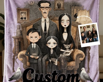 Personalized Gothic Cartoon Blanket, Custom Family Portrait Throw with Pets, Halloween Gift for Him Her Kids