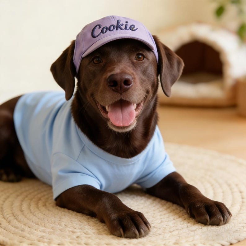 May include: A brown Labrador Retriever wearing a light blue t-shirt and a lavender baseball cap. The cap has the name "Cookie" embroidered on the front. The dog is lying down on a woven mat, with its tongue out.