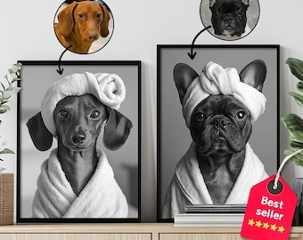 Retrato de mascota personalizado, arte divertido para el baño de perros, regalo personalizado para la pérdida de un perro o gato, arte de pared para perros, perro leyendo el periódico en el inodoro, mascota en la bañera