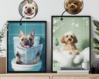 Custom Pet Portrait Photo,Funny Bathroom Art,Dog Reading Newspaper on Toilet,Dog Wall Art,Dog in Toilet,Pet in Bathtub,Personalized pet gift